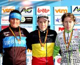 Nancy BOBER (2nd), Sanne CANT winner and Joyce VANDERBEKE (3rd) on the podium of the elite women 2011 Belgian National Championship cyclocross race in Antwerpen. Sunday Jan. 9, 2010. ( SPRIMONT PRESS / Laurent Dubrule )